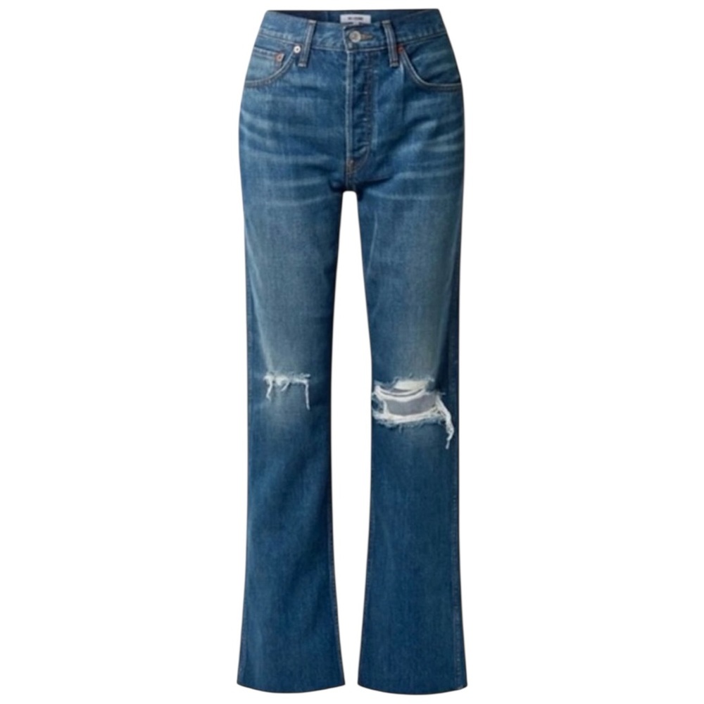 Re/Done 90s High Rise Loose Cotton 30 Destroyed Broken Blue Wash Straight Leg
